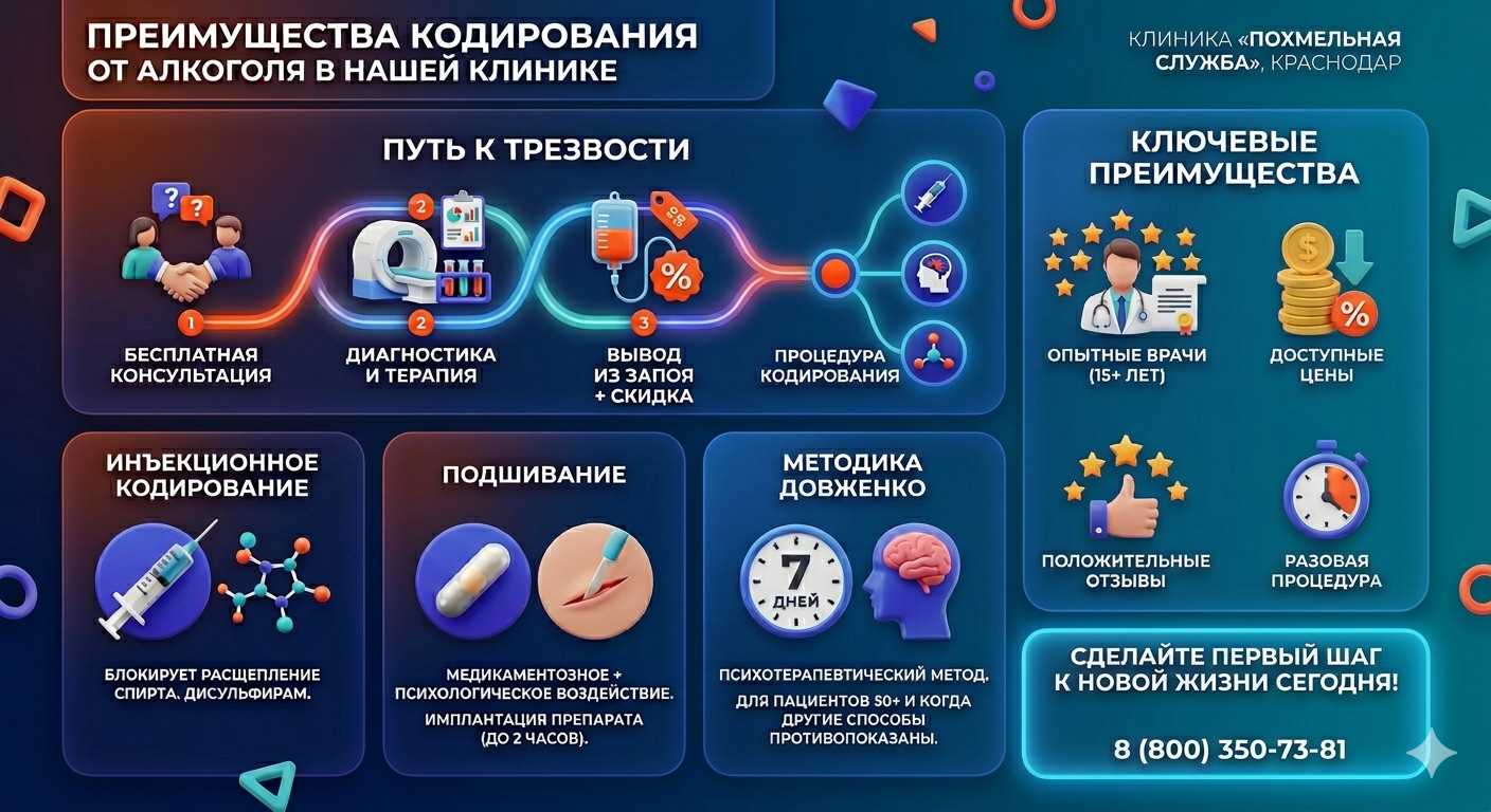 Инфографика о методах кодирования от алкоголя в Херсоне: инъекции, подшивание, метод Довженко. Преимущества клиники и этапы лечения.